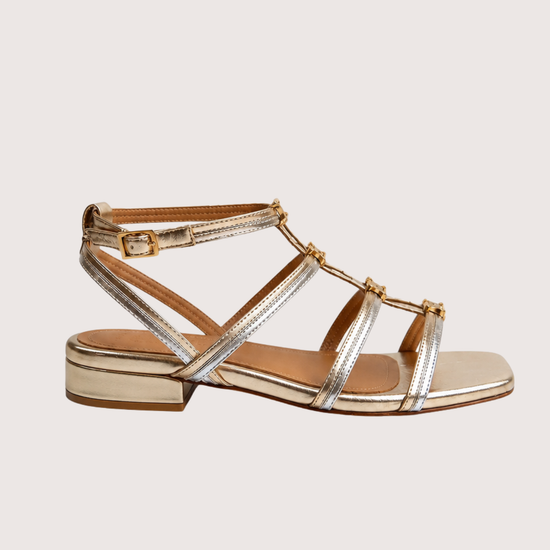 Gold sandal with a black heel on a light gray background
