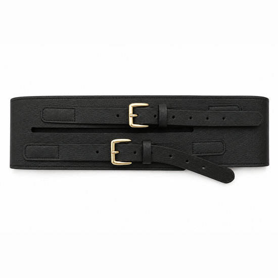 A wide black leather belt with two gold-tone buckles and a matching keeper, laid flat on a white background.