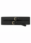 A wide black leather belt with two gold-tone buckles and a matching keeper, laid flat on a white background.
