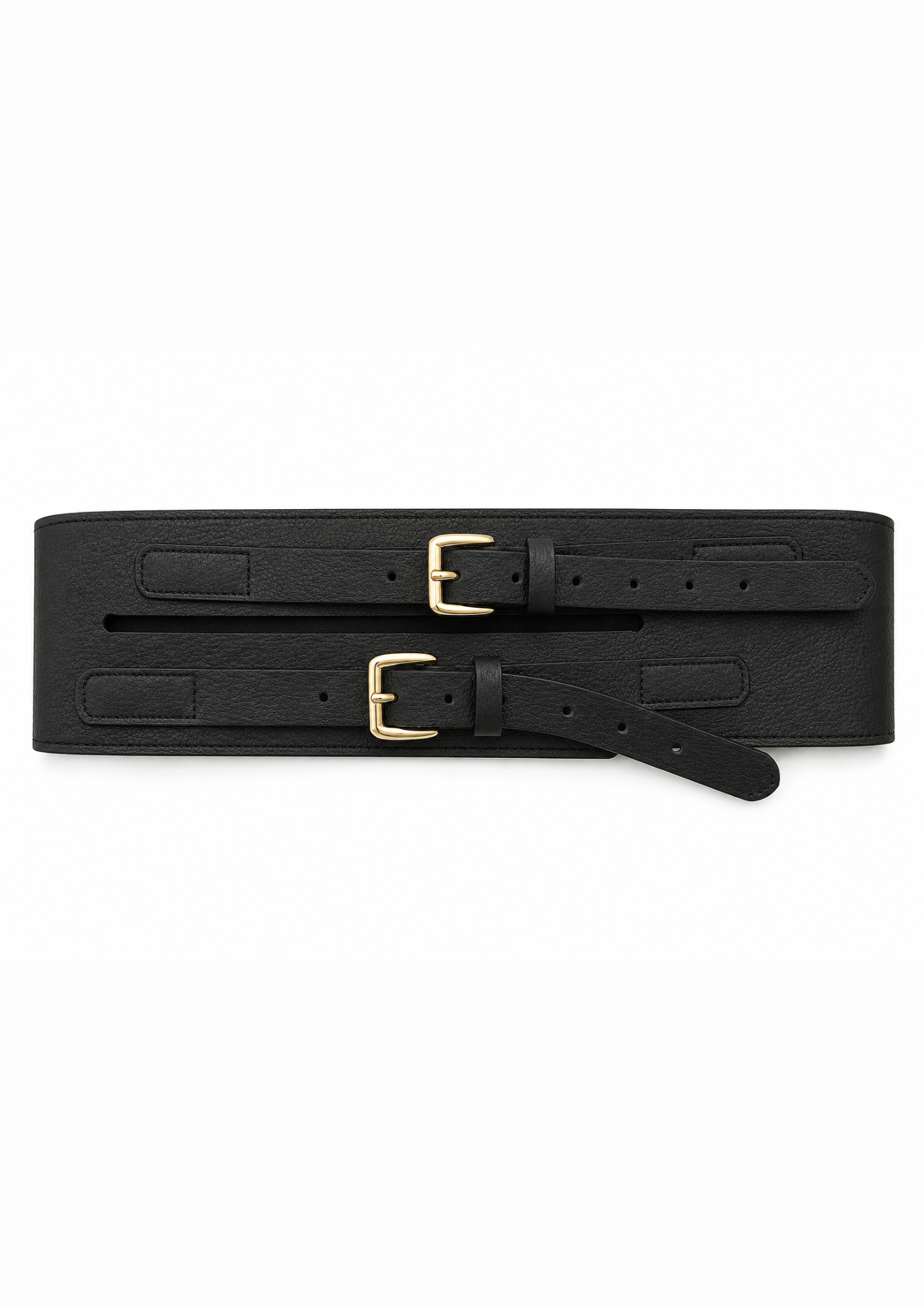 A wide black leather belt with two gold-tone buckles and a matching keeper, laid flat on a white background.