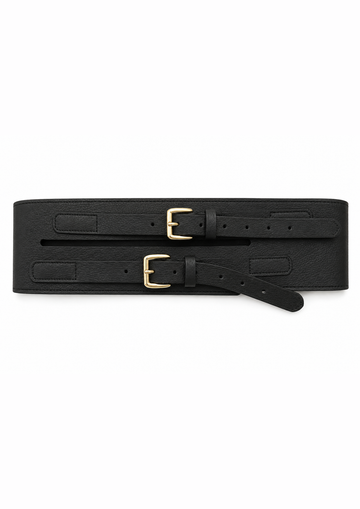 A wide black leather belt with two gold-tone buckles and a matching keeper, laid flat on a white background.