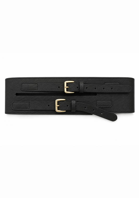 A wide black leather belt with two gold-tone buckles and a matching keeper, laid flat on a white background.