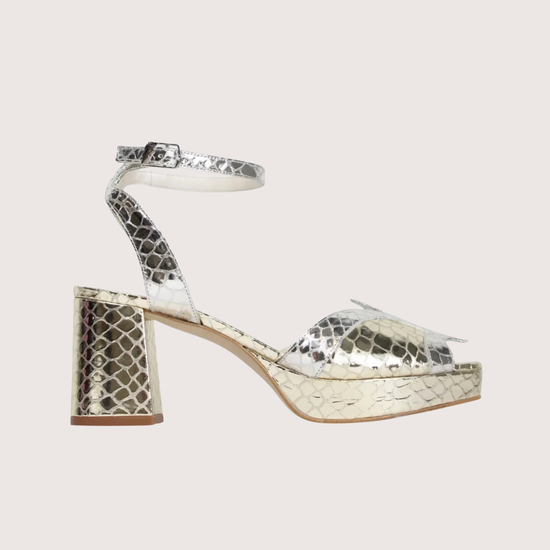 Silver and gold snake print block heel shoe