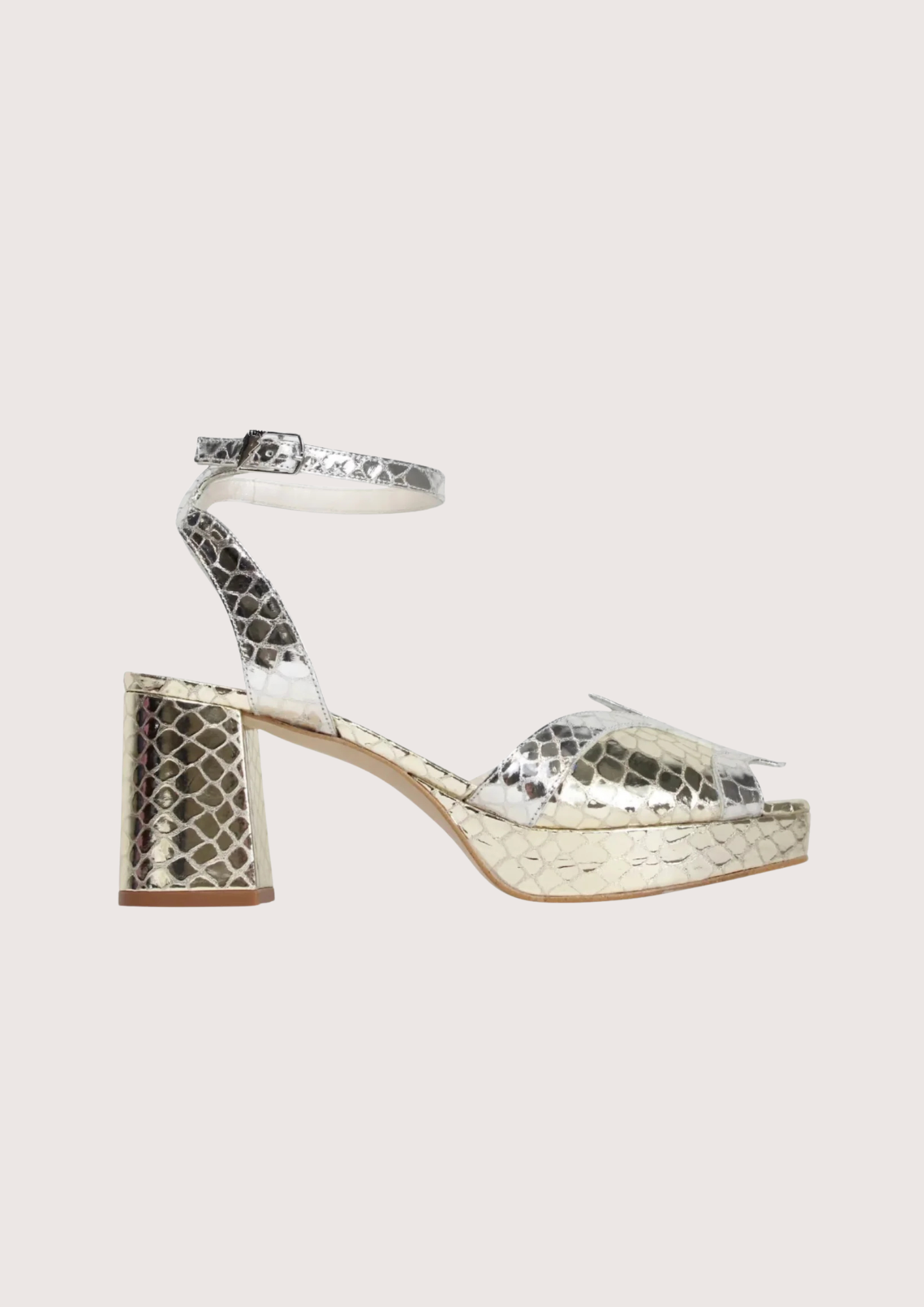Silver and gold snake print block heel shoe