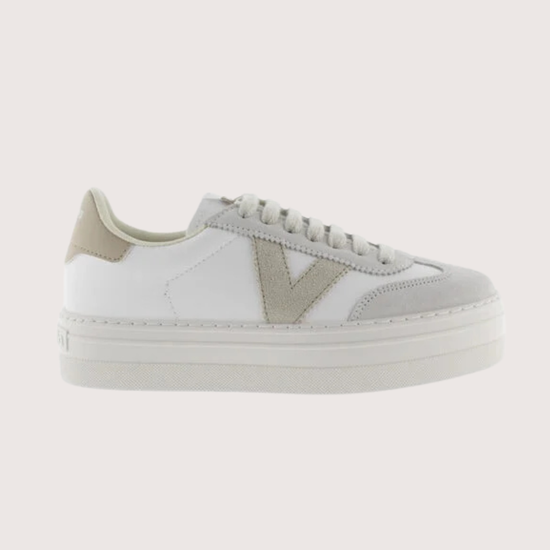 white platform trainers with beige suede v on side 