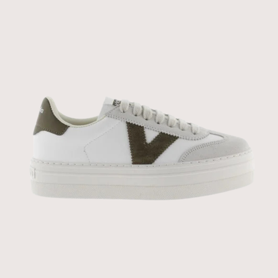 white platform trainers with green suede v on side from victoria