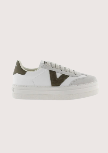 white platform trainers with green suede v on side from victoria