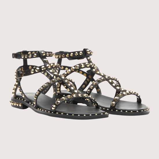 Black sandal with gold studs on a white background alternate view