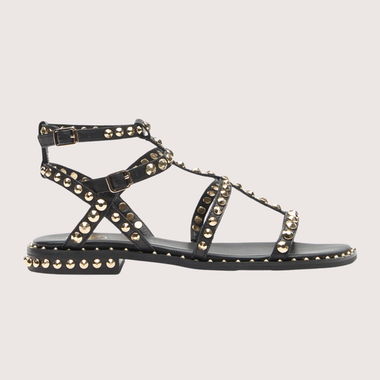 black sandal with gold studs on a white background