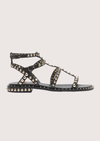black sandal with gold studs on a white background