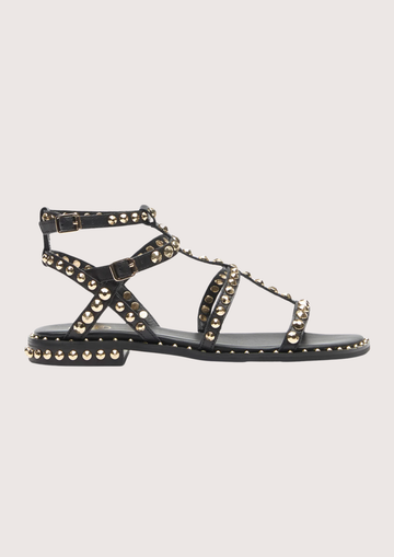 black sandal with gold studs on a white background