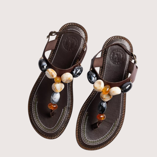 brown sandal with stone detail birds eye view