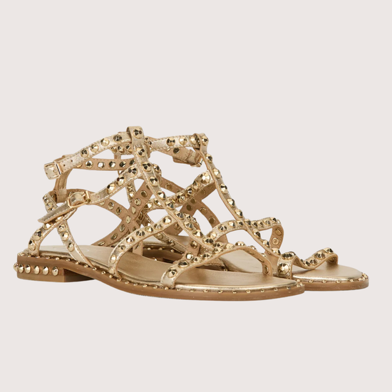 Gold sandal with gold studs on a white background alternate angle