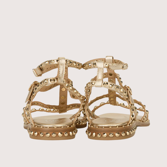 Gold sandal with gold studs on a white background alternate angle