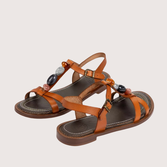 Tan leather sandal with resin stone detail