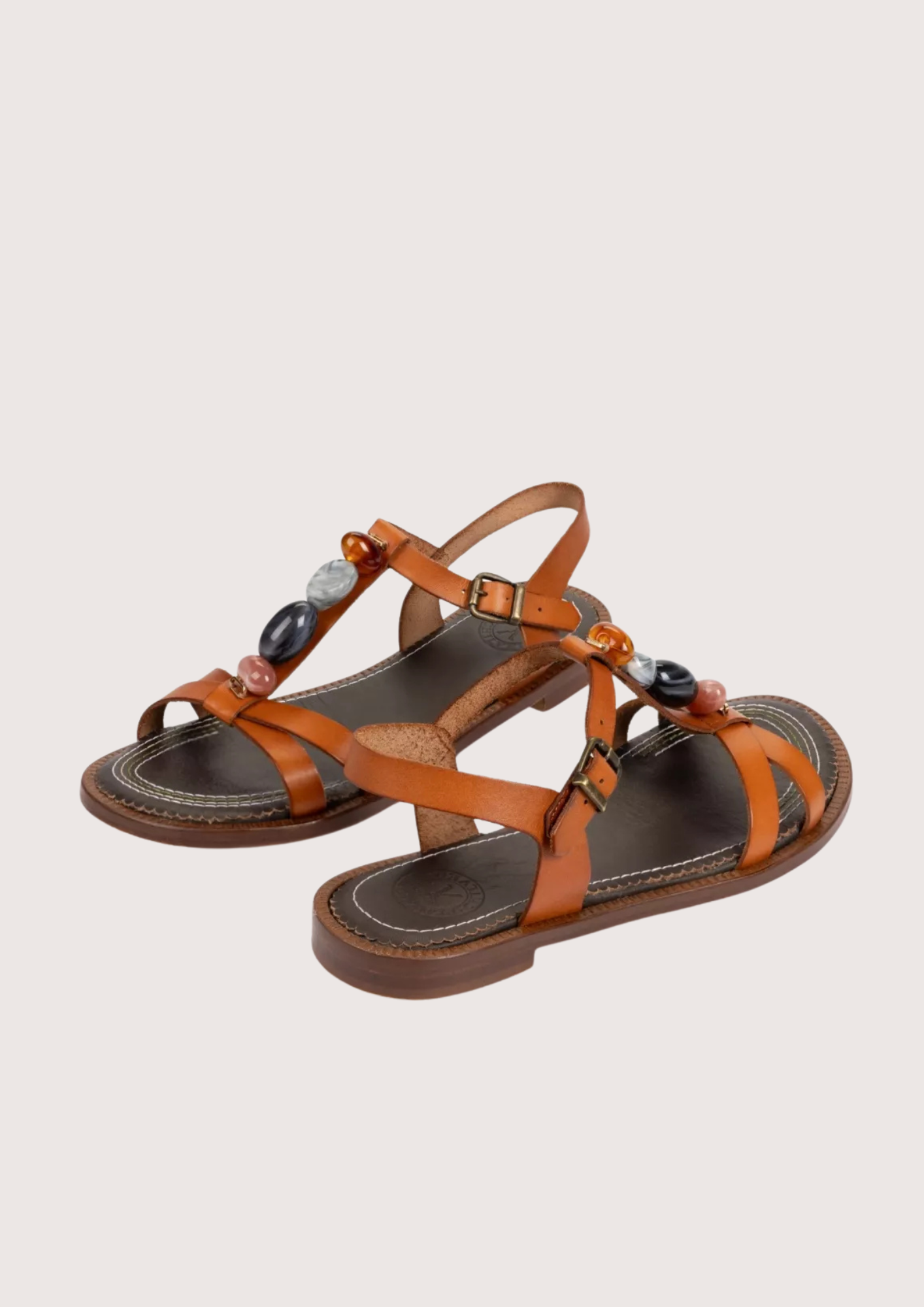 Tan leather sandal with resin stone detail