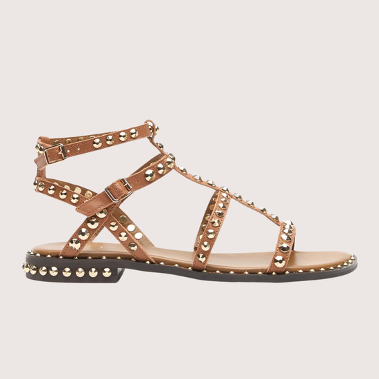 Tan sandal with studded details on a light gray background