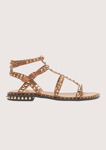 Tan sandal with studded details on a light gray background