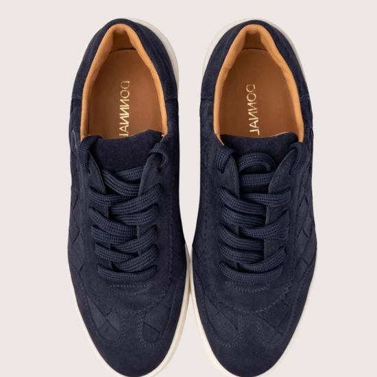 navy suede woven trainer with platform white sole