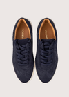 navy suede woven trainer with platform white sole