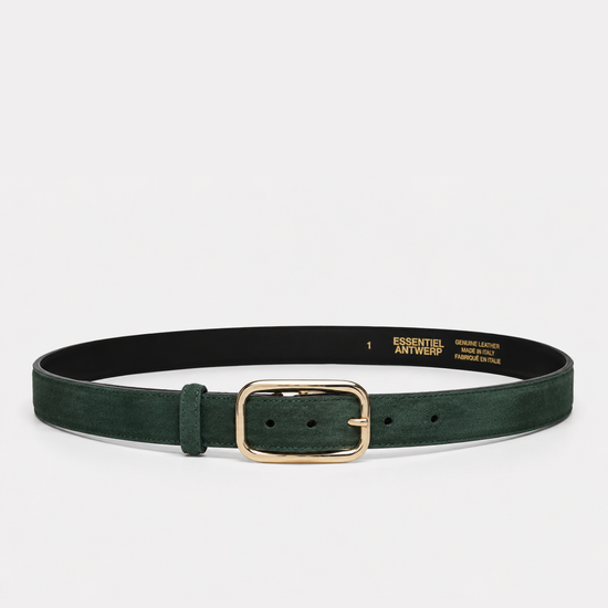 green leather belt with a gold clasp on a white background