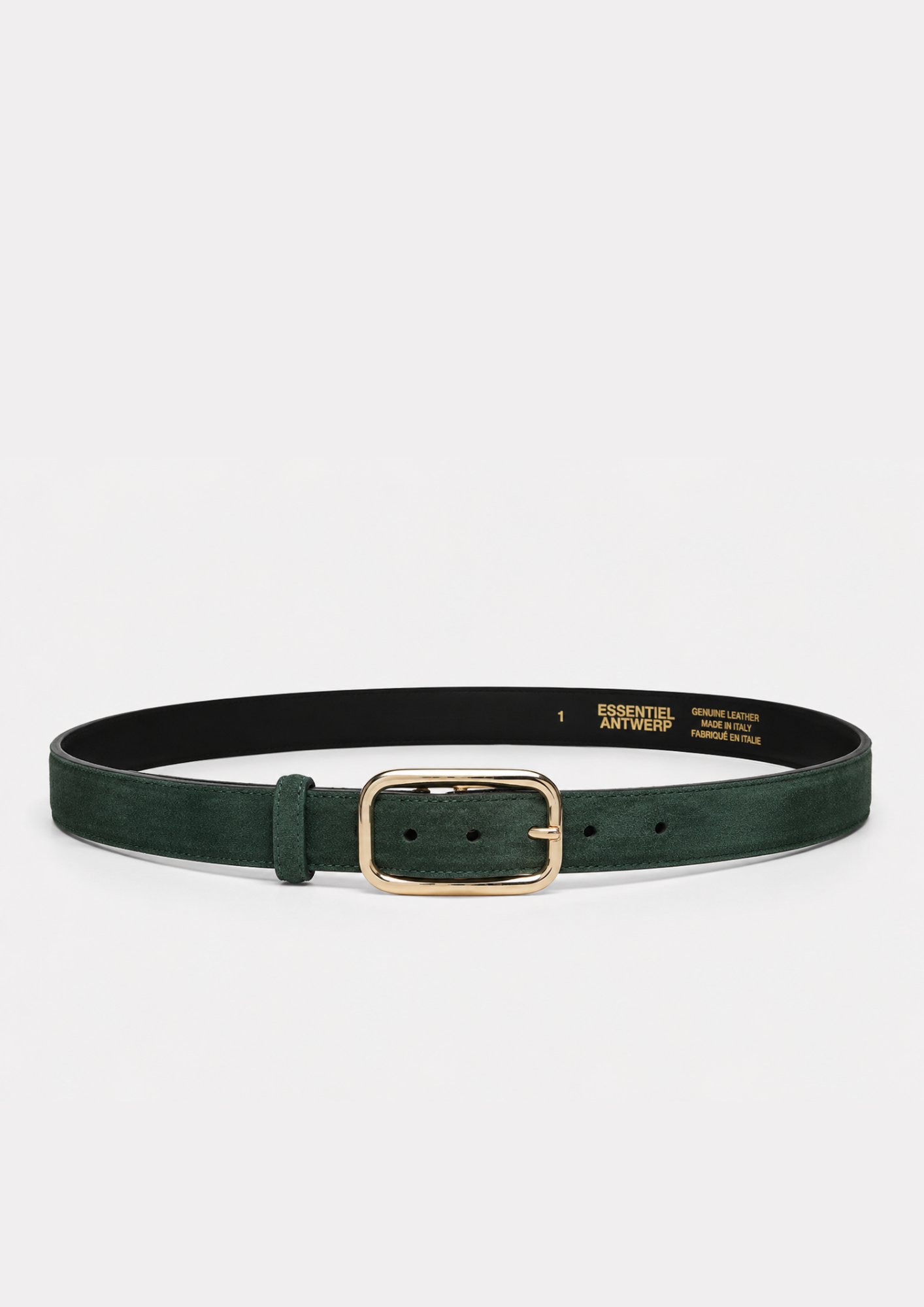 green leather belt with a gold clasp on a white background