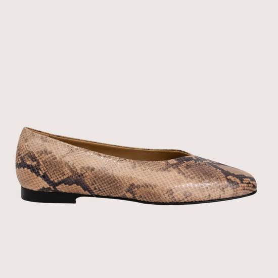 Snake print flat shoe on a light background