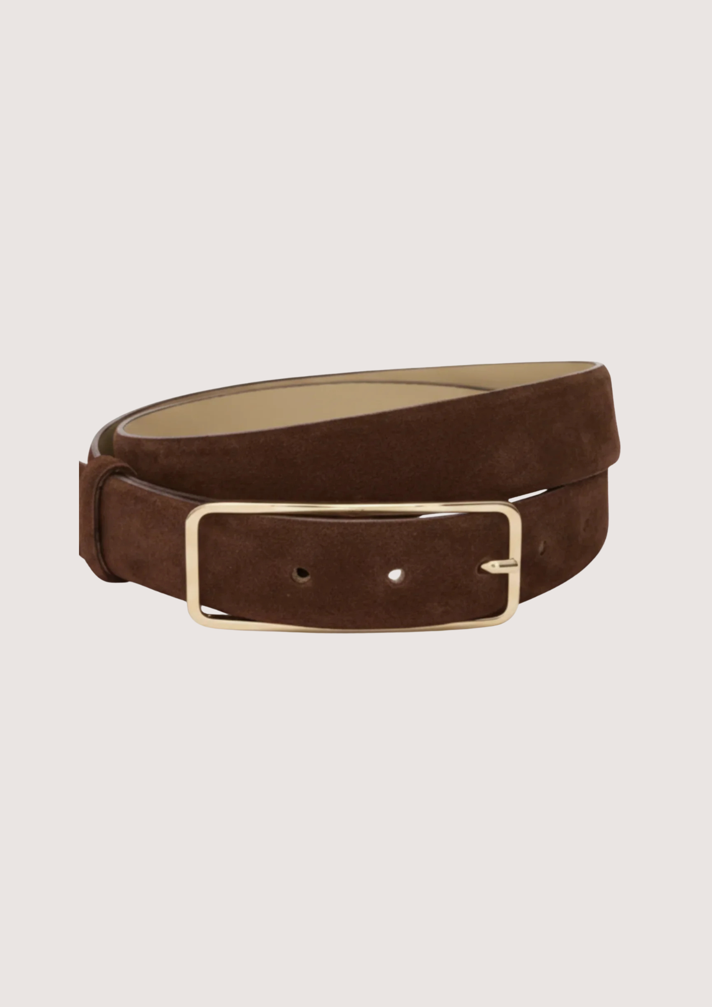 brown suede belt with gold hardware on plain background