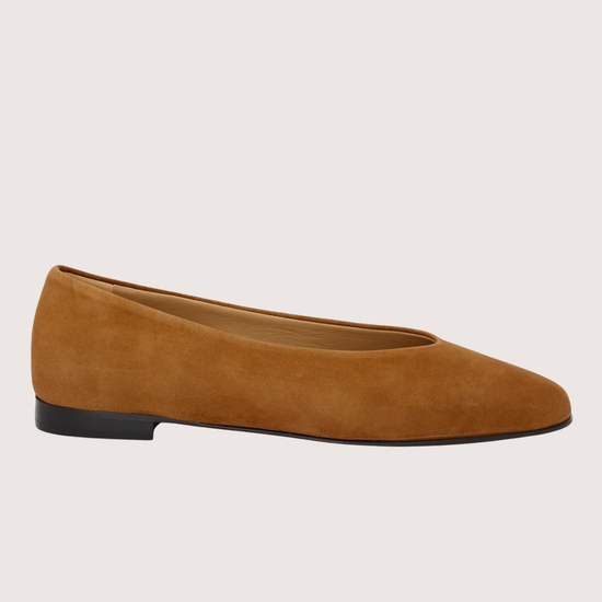 tan suede ballet flats with squared toe and v shaped toe shape from donna lei 