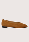 tan suede ballet flats with squared toe and v shaped toe shape from donna lei 