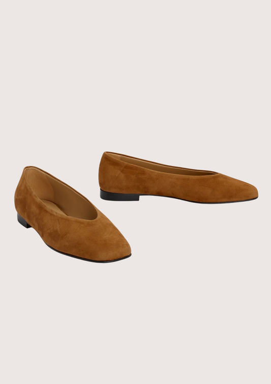 tan suede ballet flats with squared toe and v shaped toe shape from donna lei front view