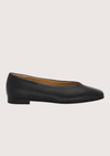 Black leather ballet flats with squared toe and v shaped toe shape from donna lei 