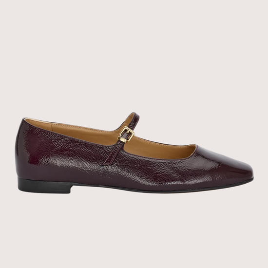 burgundy patent leather square toe mary janes from donna lei front view
