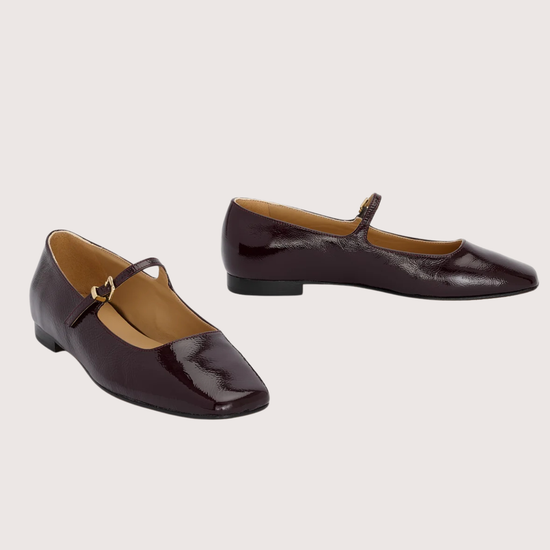 burgundy patent leather square toe mary janes from donna lei front view