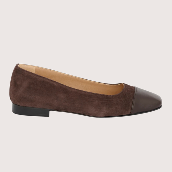 chocolate brown suede pumps with brown leather toe cap 
