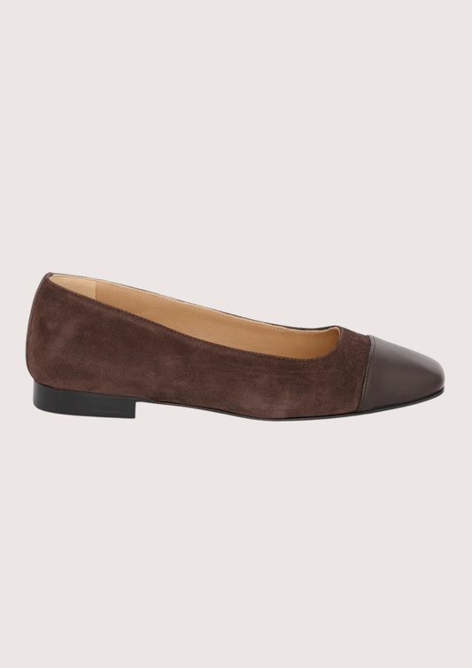 chocolate brown suede pumps with brown leather toe cap 