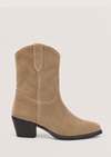 A single mid-calf western-style boot in beige suede with a black block heel and black outsole, shown from a side profile against a light gray background.