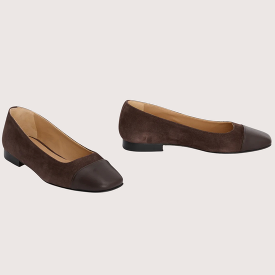 chocolate brown suede pumps with brown leather toe cap  side view