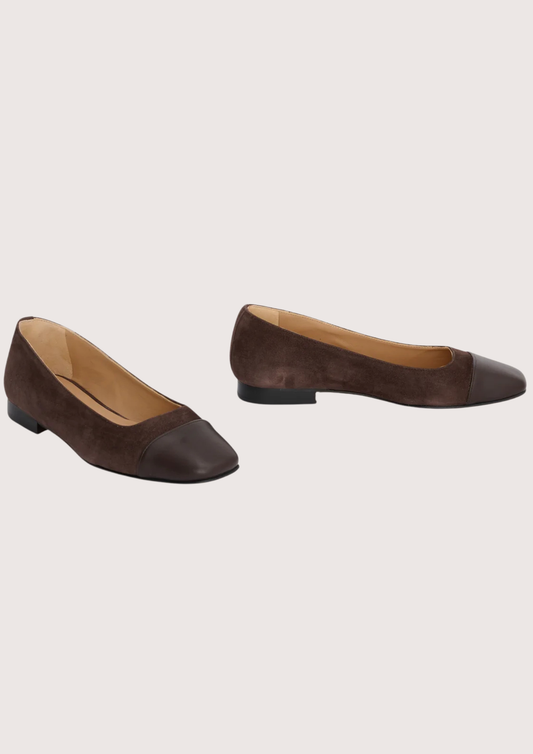 chocolate brown suede pumps with brown leather toe cap  side view