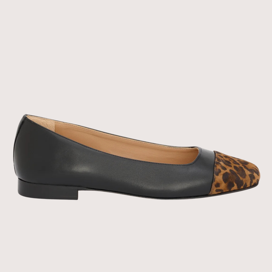 black leather pumps with animal print suede toe cap 