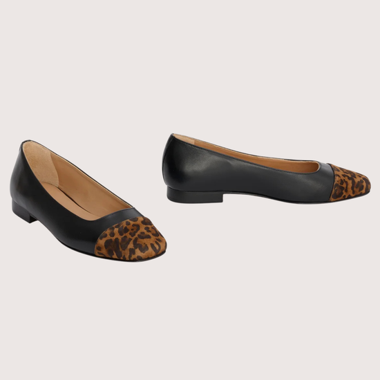 black leather pumps with animal print suede toe cap  side view