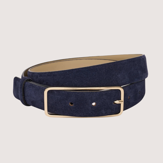 Navy belt with a gold buckle on a light gray background