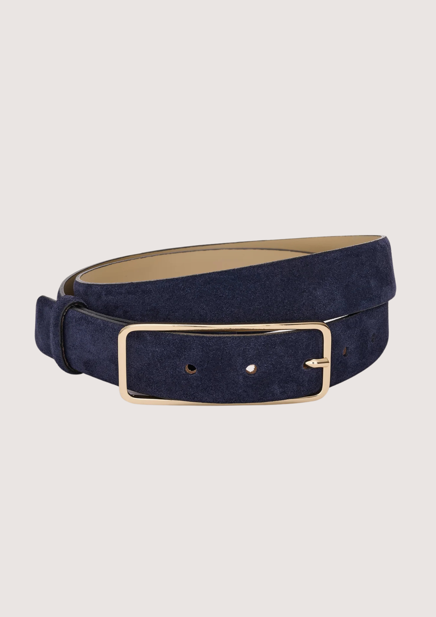 Navy belt with a gold buckle on a light gray background