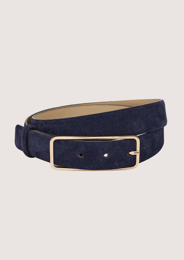 Navy belt with a gold buckle on a light gray background