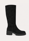 A single black suede knee-high boot with a chunky lug sole and block heel, shown in profile against a light off-white background.