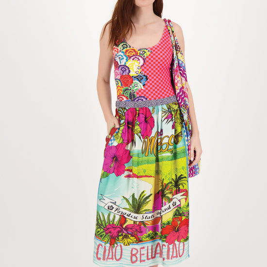 Pull on tropical printed viscose skirt with inseam pockets