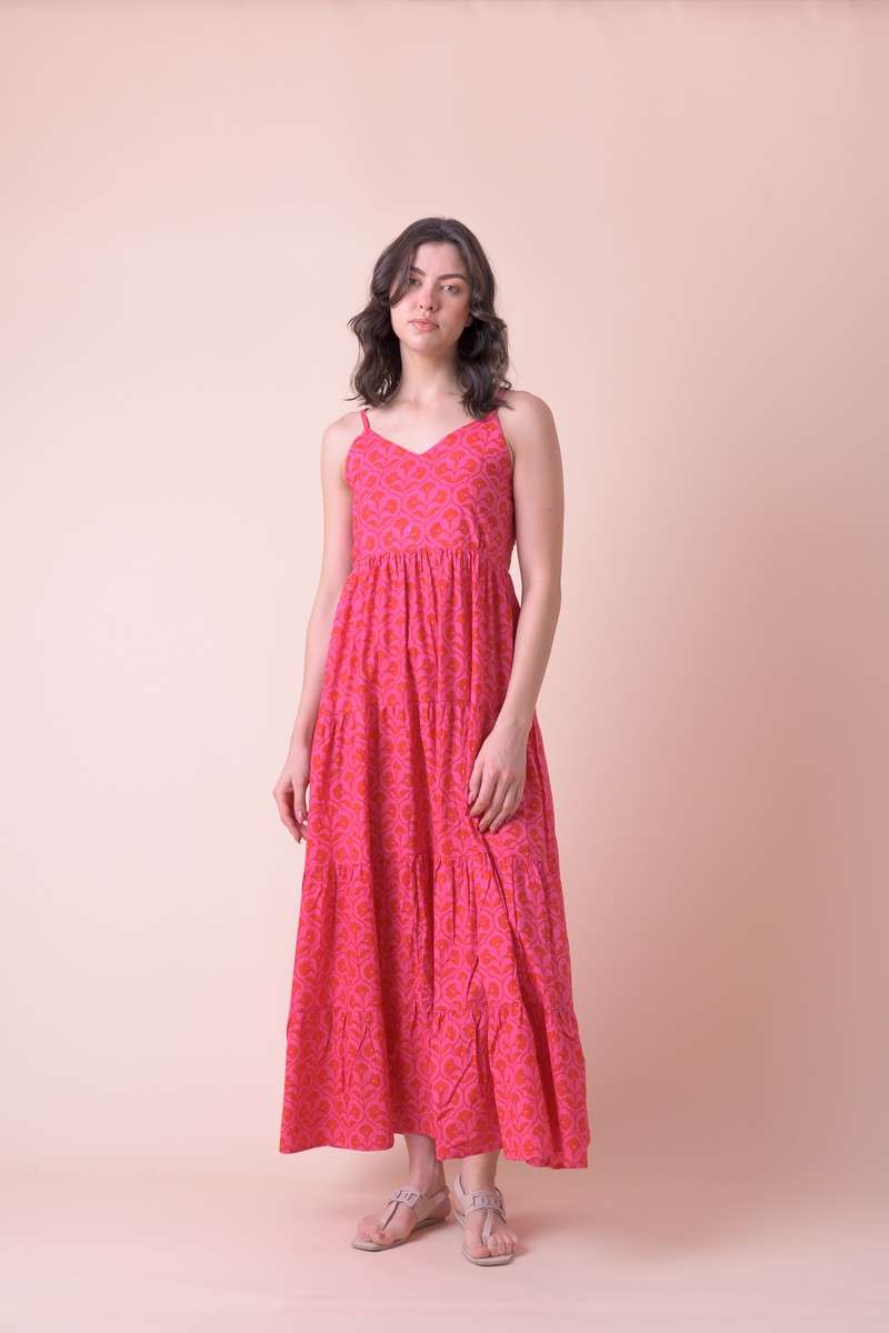 Red and pink cotton dress with tiered skirt and spaghetti straps