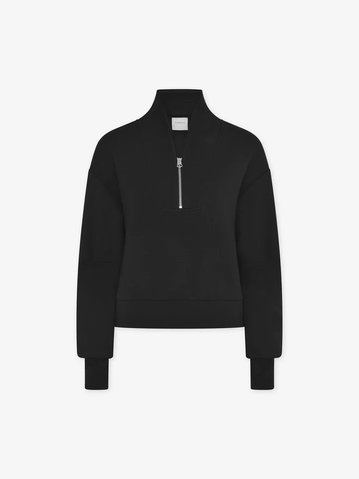 Quarter zip and slightly cropped black sweat top with shawl collar and V neckline