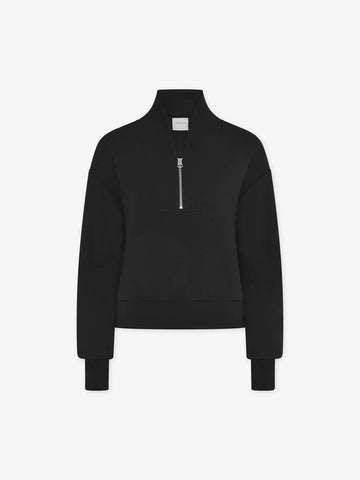 Quarter zip and slightly cropped black sweat top with shawl collar and V neckline from varley