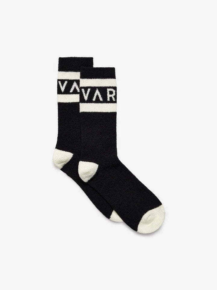 Varley branded black socks with branded banner on ankle and contrast heel and toe